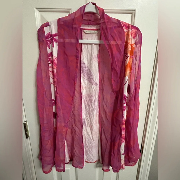 Soft Surroundings Acadia Flutter Vest Sheer Panel Floral Vest Pink Large - Picture 2 of 4